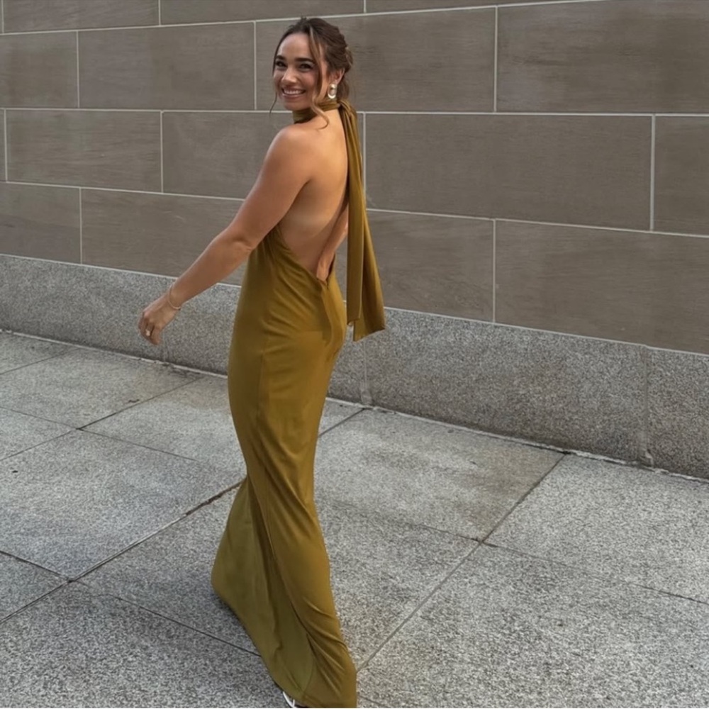 Zara Halter Maxi Green Dress Long Open Back Size S - Picture 4 of 12